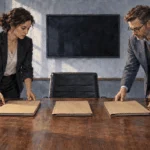 Conceptual watercolor of two historians arranging blank folders in a policy study room.