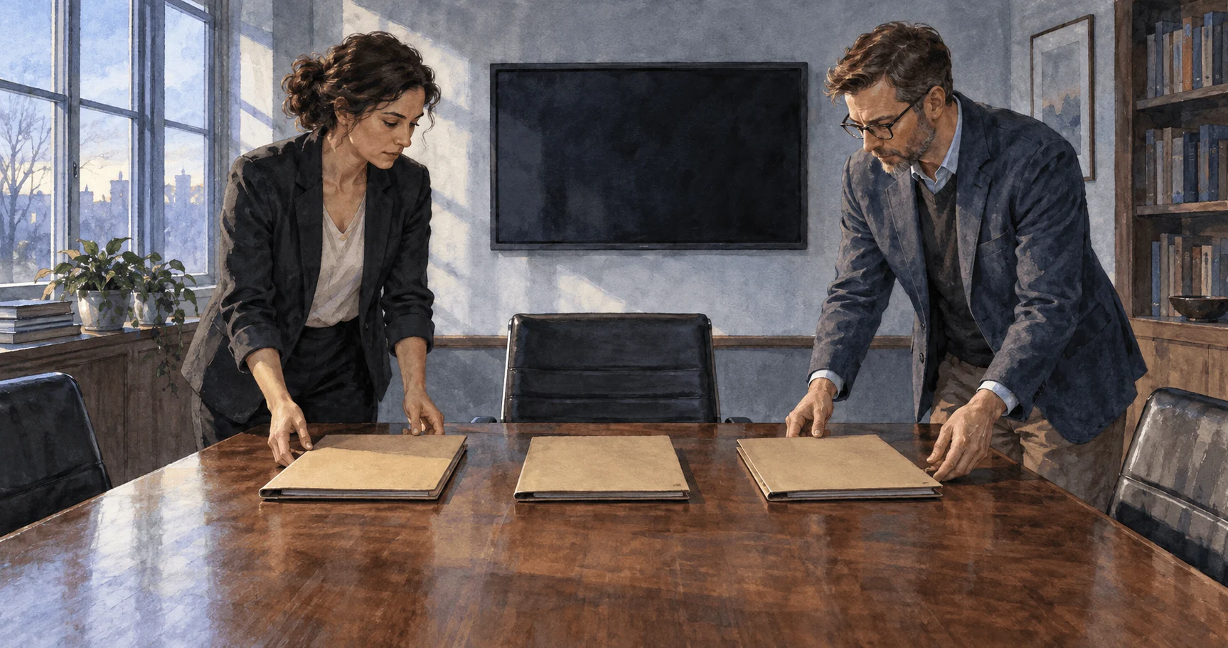 Conceptual watercolor of two historians arranging blank folders in a policy study room.