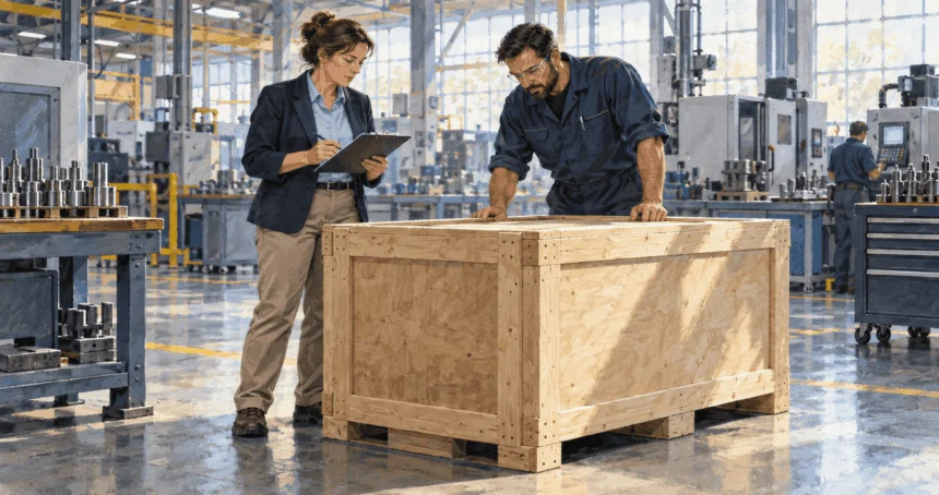 Painted scene of a procurement officer inspecting a replacement-parts crate.