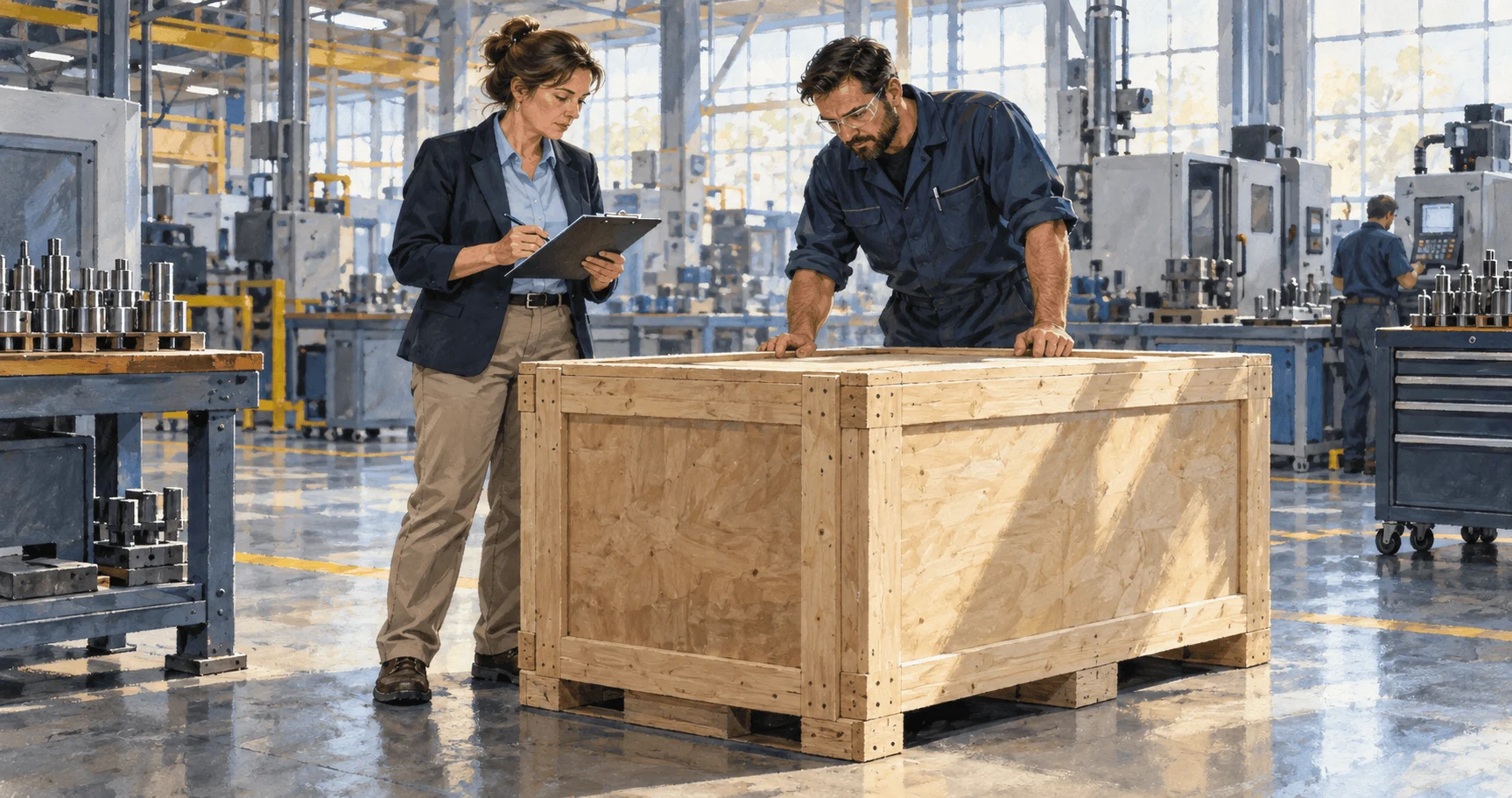 Painted scene of a procurement officer inspecting a replacement-parts crate.