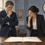 Painted scene of civic staff weighing an urgent war-powers question.