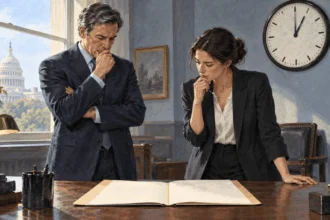 Painted scene of civic staff weighing an urgent war-powers question.