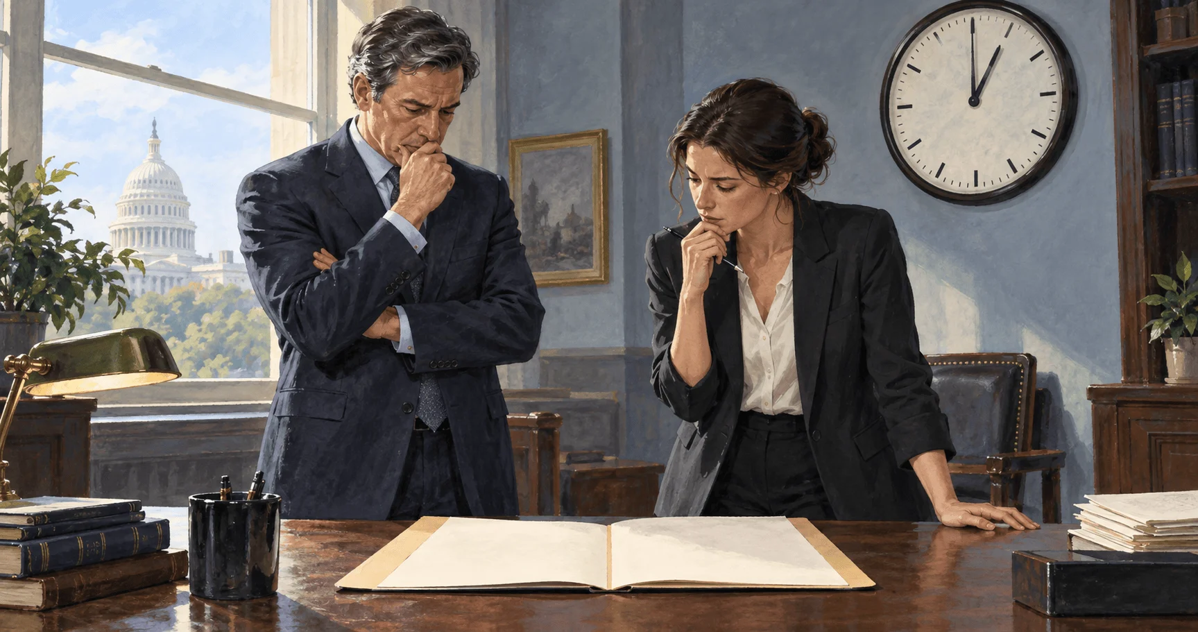 Painted scene of civic staff weighing an urgent war-powers question.