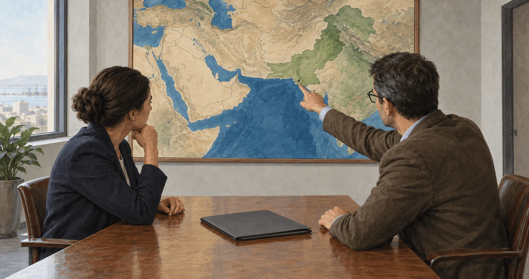 Painted scene of legal researchers examining jurisdiction after an overseas incident.