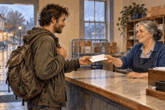 Conceptual painting of a person receiving an envelope at a post-office counter.