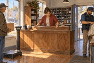 Conceptual painting of postal workers opening a small-town post office.