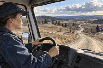 Conceptual painting of a mail carrier on a long rural delivery route.