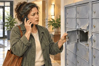 Conceptual painting of a resident calling for help beside a damaged mail cabinet.