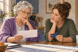 Conceptual painting of a family discussing a mailed payment envelope.