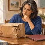 Conceptual painting of a person examining a damaged parcel and considering a complaint.