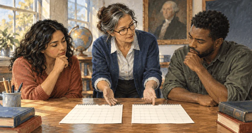 Conceptual painting of adults discussing the presidential term limit in a classroom.