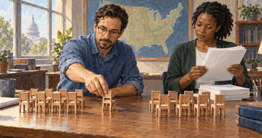 Conceptual painting of census analysts allocating House seats.