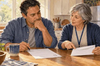 Conceptual painting of a voter learning about public campaign financing.