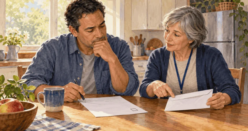 Conceptual painting of a voter learning about public campaign financing.