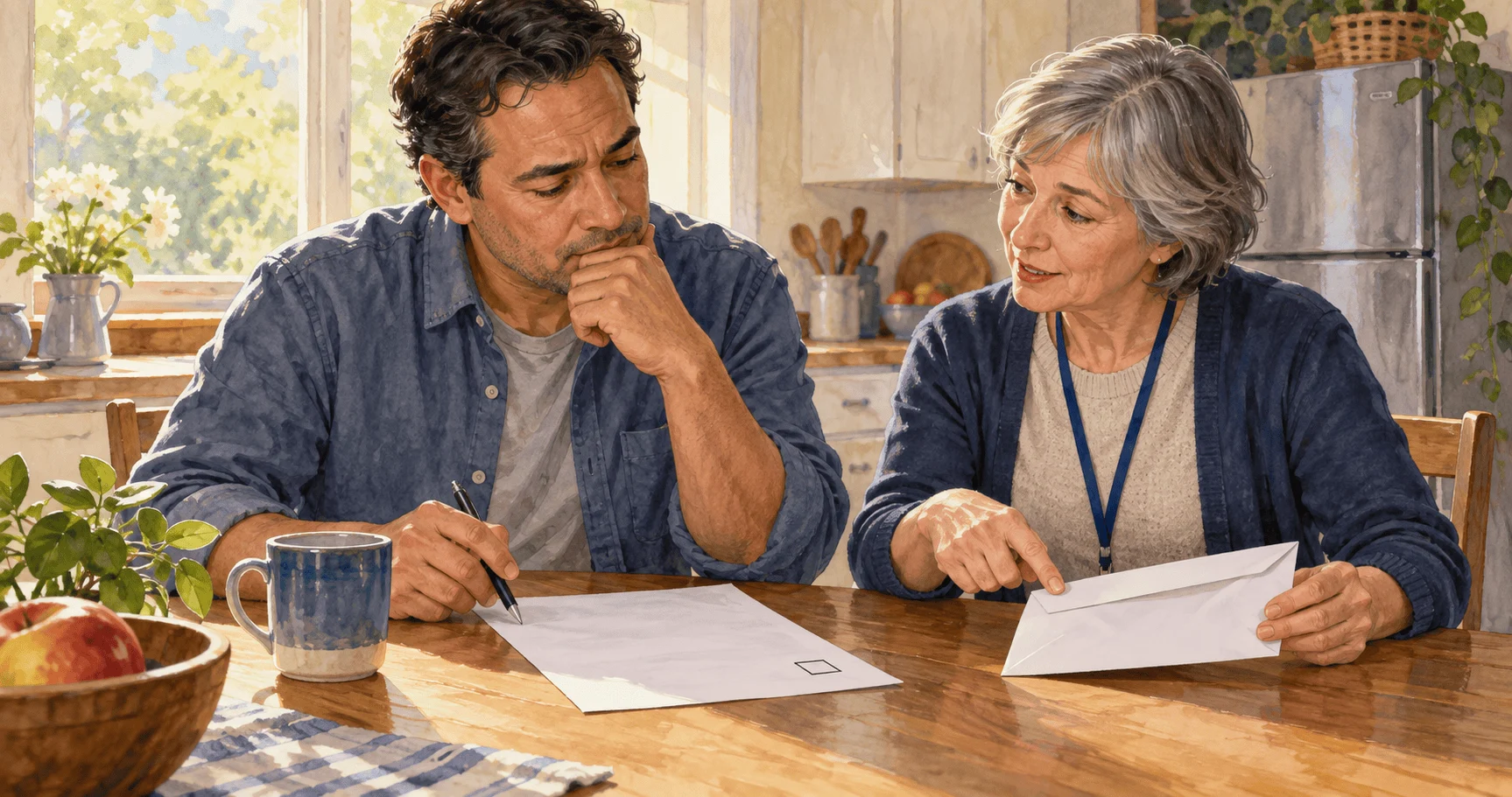 Conceptual painting of a voter learning about public campaign financing.