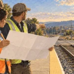 Conceptual painting of planners considering a passenger rail corridor.