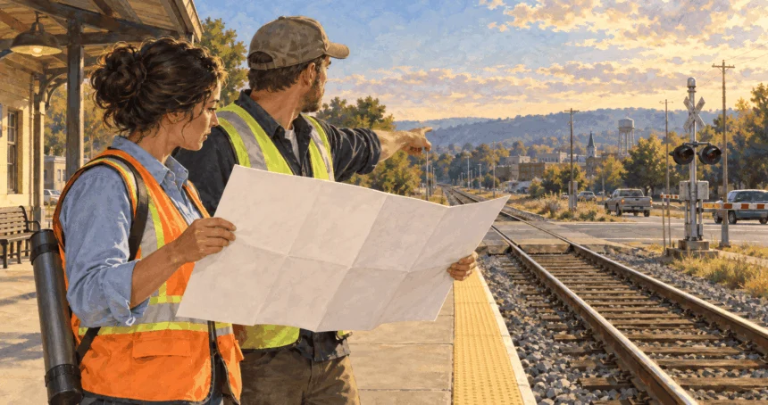 Conceptual painting of planners considering a passenger rail corridor.