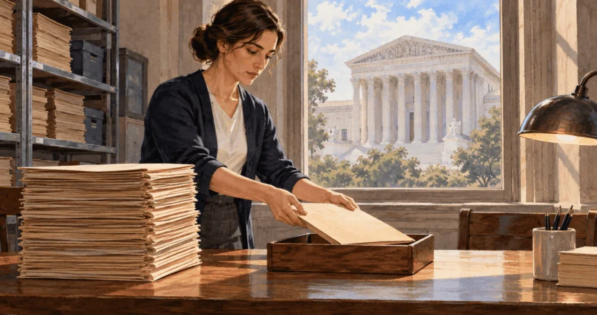 Conceptual painting of a court clerk sorting petitions for review.