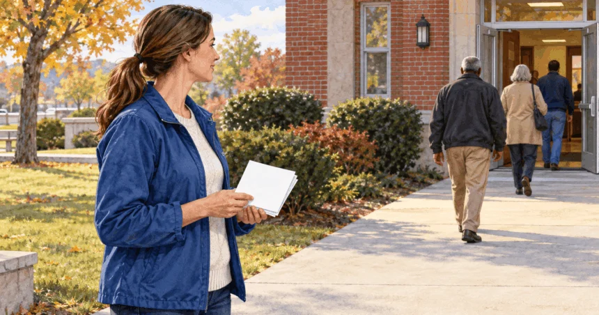 Conceptual painting of a campaign volunteer standing apart from a polling place.