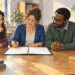 Conceptual painting of a parent and educators discussing a learning plan.