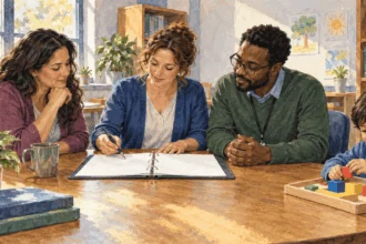 Conceptual painting of a parent and educators discussing a learning plan.