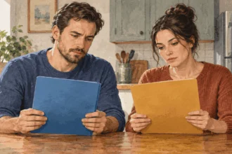 Two adults comparing mortgage and tax folders at a kitchen table.