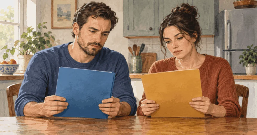 Two adults comparing mortgage and tax folders at a kitchen table.