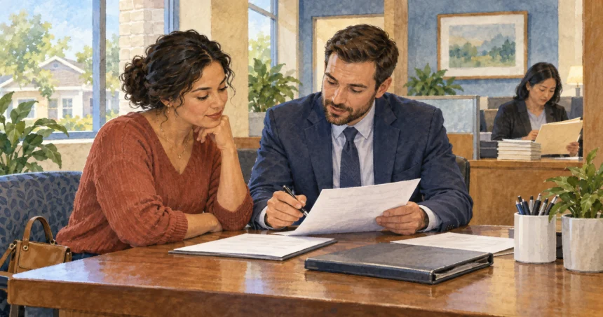 Customer and bank staff reviewing loan paperwork in a bank office.