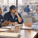 Postal labor and management representatives negotiating beside a mail sorting floor.