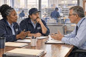 Postal labor and management representatives negotiating beside a mail sorting floor.