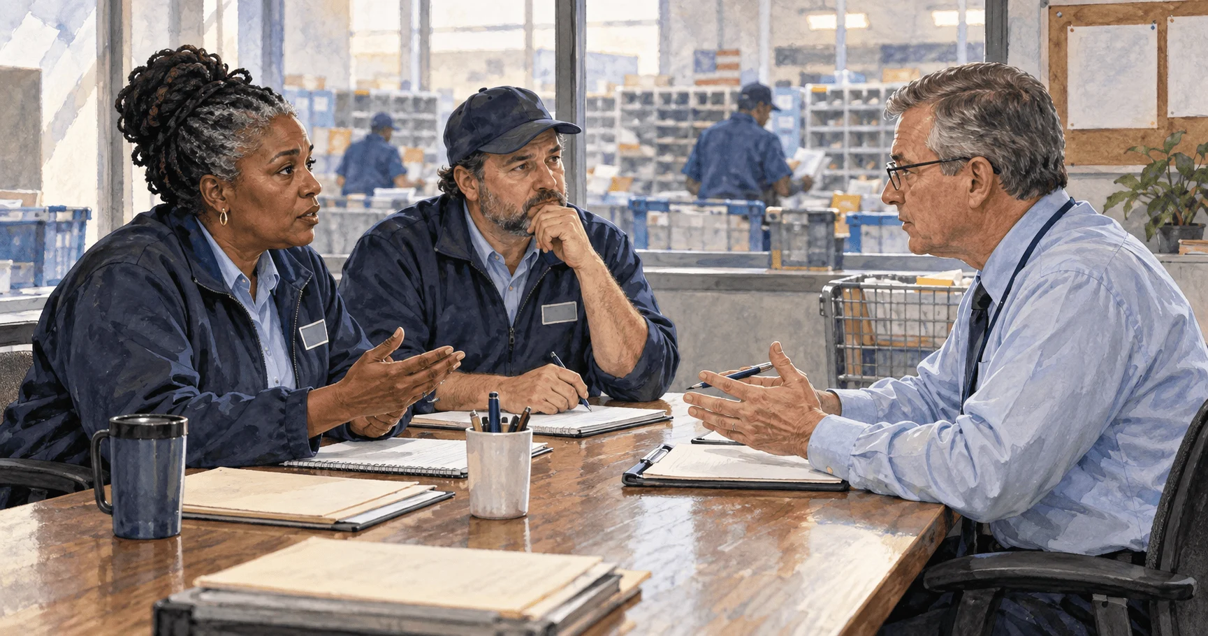 Postal labor and management representatives negotiating beside a mail sorting floor.