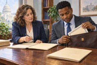 Agency ethics counselor and official reviewing disclosure folders.