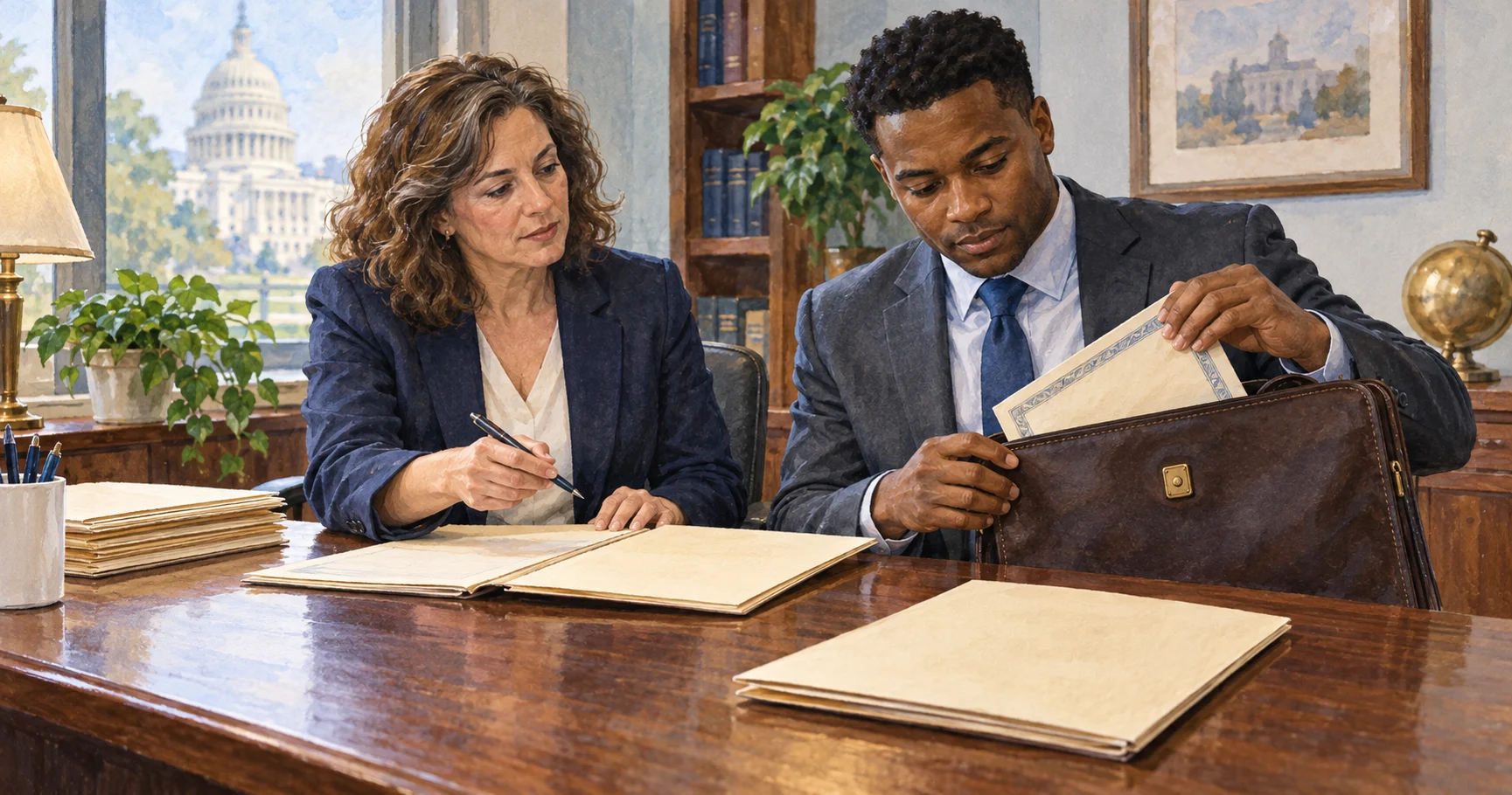 Agency ethics counselor and official reviewing disclosure folders.