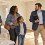 Family, housing counselor and property manager viewing an apartment.