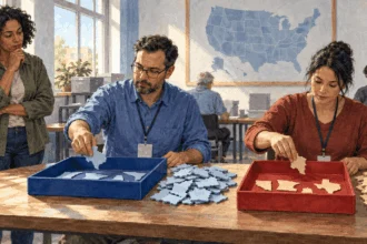 Painted scene of election workers distinguishing state and national vote counts.