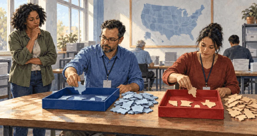 Painted scene of election workers distinguishing state and national vote counts.