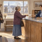 Painted scene of residents using a small rural post office.