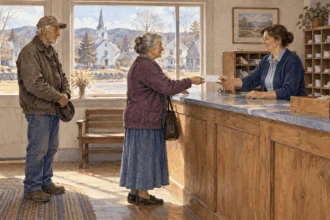 Painted scene of residents using a small rural post office.