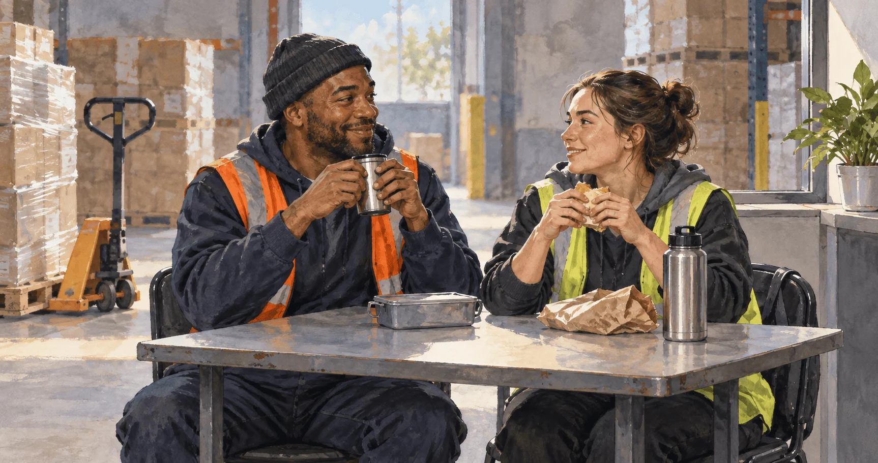 Painted scene of warehouse employees discussing a workplace break.