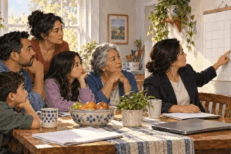 Painted scene of a family discussing a long immigration wait.