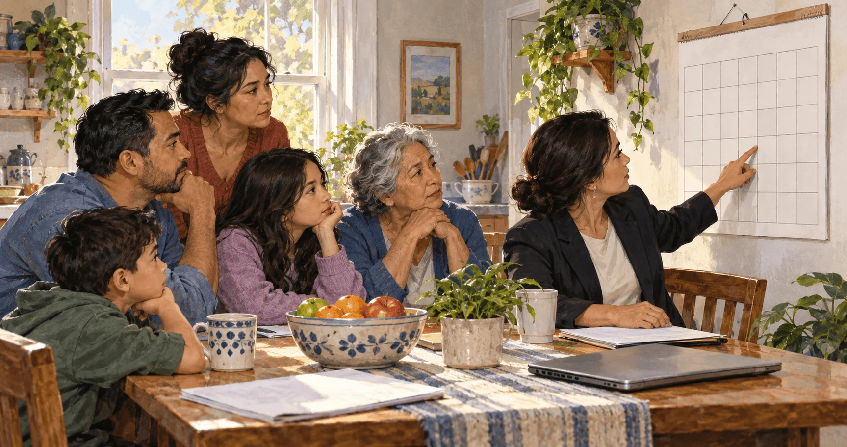 Painted scene of a family discussing a long immigration wait.