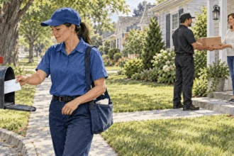 Painted scene of a postal carrier using a mailbox while a parcel stays outside it.