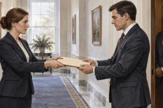 Painted scene of government staff handling an orderly transfer of duties.