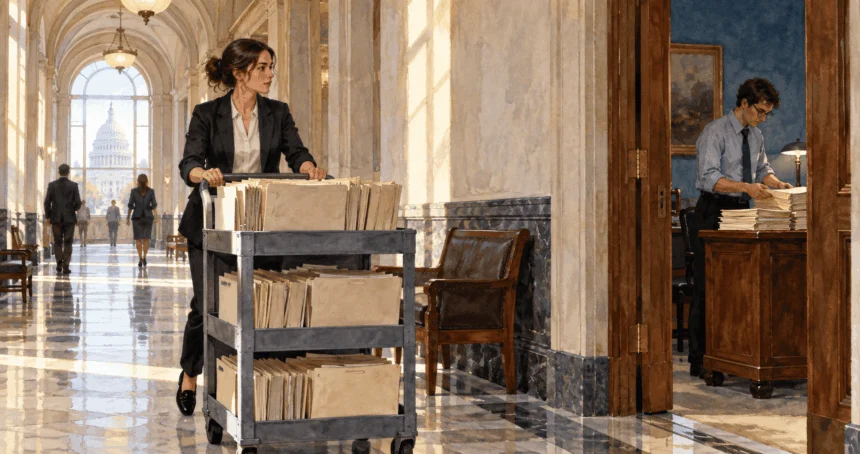 Painted scene of congressional clerks moving bills through a committee hallway.