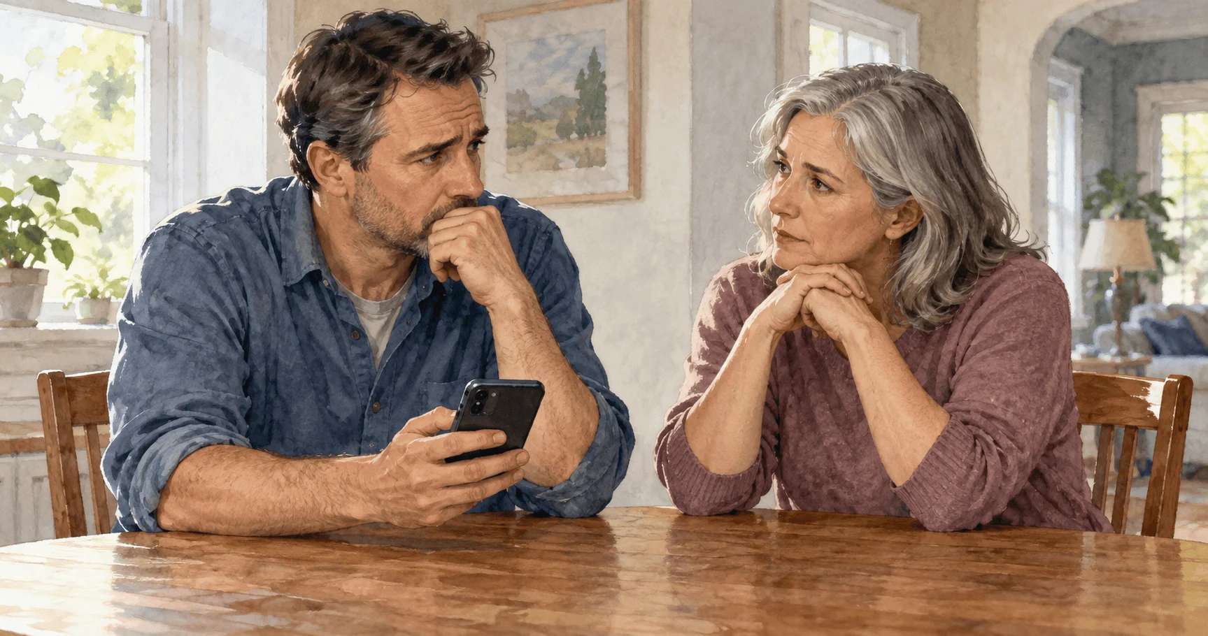 Painted scene of a person checking a suspicious phone request with a trusted friend.