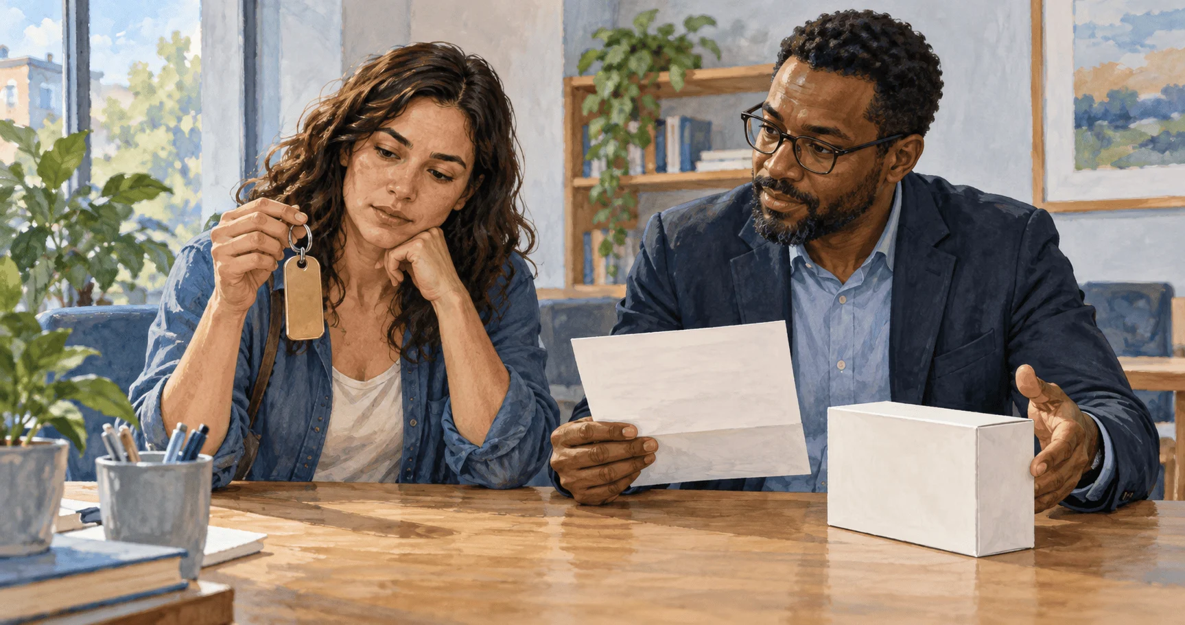 Painted scene of a consumer comparing three different purchase problems with an adviser.