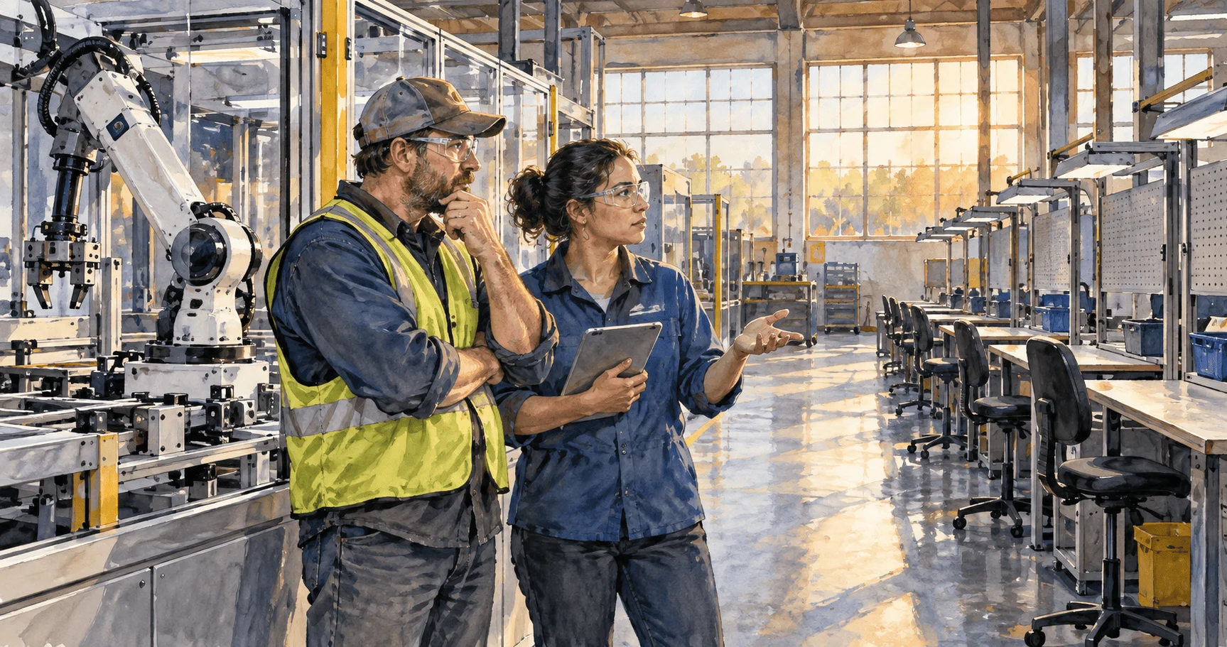 Conceptual painting of workers beside automated equipment in a factory.