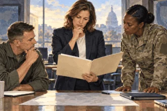 Conceptual painting of civilian and military leaders checking an order.