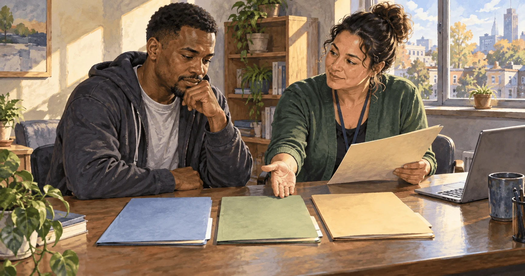 Conceptual painting of a person and counselor planning reentry.