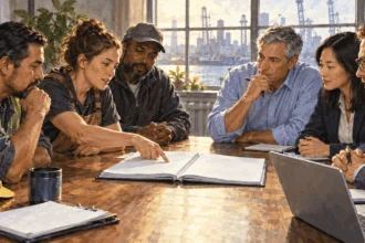 Conceptual painting of workers and management bargaining over an agreement.